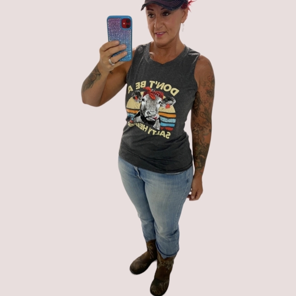 Don't Be A Salty Heifer Dark Graphic Cow Tank Top Cotton Blend - Picture 4 of 7
